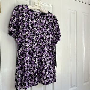 Semantiks Silk Paint Brush Purple White Flower Blouse Top Round Neck Side Zip XL